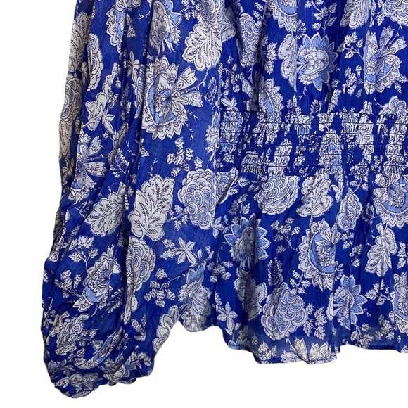 Vince Camuto Blue Gray Floral Print Smocked Waist Balloon Sleeve Peplum Small - Picture 11 of 16